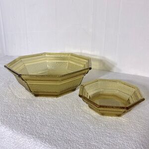 Vintage Anchor Hocking Textured Amber Glass Octagonal Chip & Dip Bowl Set